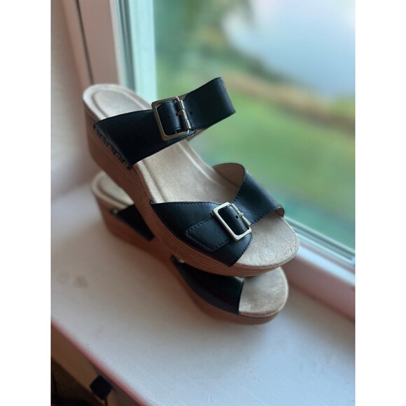 Dansko Selma Black Leather Platform Sandals - Size 37 - Picture 1 of 10